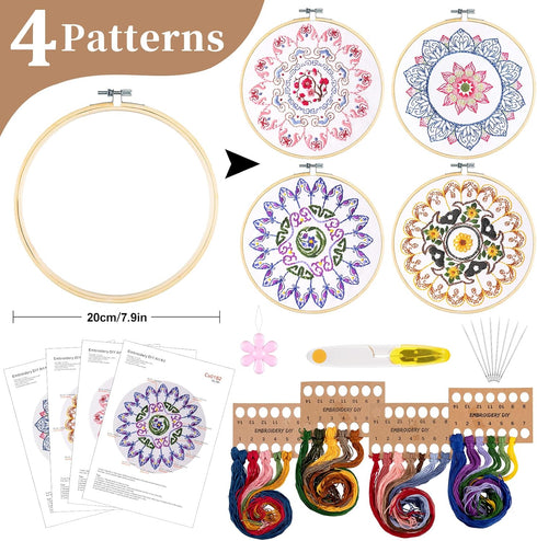 Whaline 4 Mandala Embroidery Starter Kit with Instruction Plum Blossom Chrysanthemum Orchid Lotus Needlepoint Cross Stitch Kit with Embroidery Hoo...