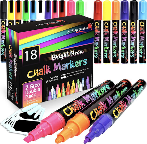 18 Classic Neon Chalk Markers Double Pack of Both Fine and Reversible Medium Tip Liquid Chalk Pens Wet Erasable - Menu Boards, Glass, Windows, Whi...