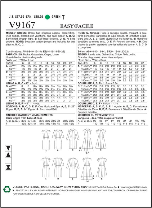 Vogue Patterns V9167 Misses' Notch-Neck Princess-Seam Dresses, A5 (6-8-10-12-14)...