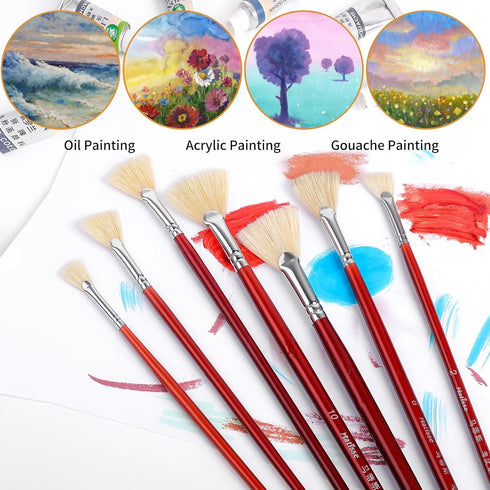 Prasacco 7 Pieces Fan Brush for Painting, Artist Fan Paint Brush Set with Hog Bristle Long Handle Painting Brush Oil Acrylic Paint Brushes Art Pai...