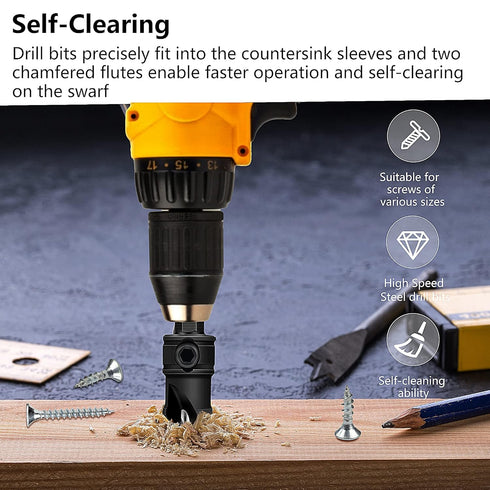 MulWark 82° Countersink Drill Bit Set incl. 5pcs Free Replaceable HSS Drill Bits for Wood?3/8" Quick-Change -Chamfered Adjustable Drilling Tool Ki...