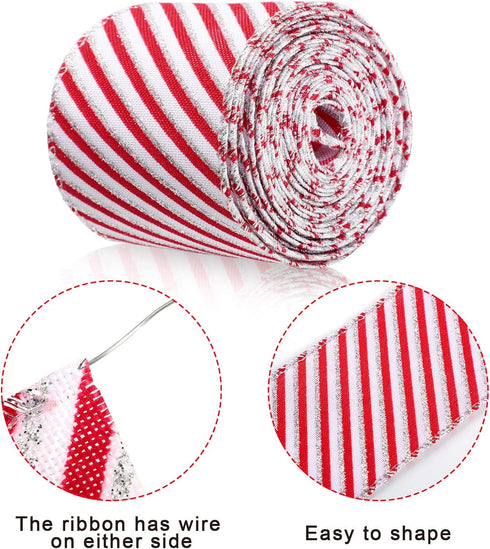 2 Rolls Christmas Peppermint Stripe Ribbon Red and White Wired Edge Candy Cane Peppermint Ribbon for Christmas Tree Wreath Bow DIY Craft Home Deco...