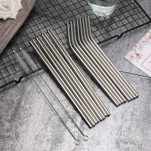 18 Piece Silver Stainless Steel Straws, 8.5 '' Reusable Drinking Straws,with Portable pouch (8 Straight/8 Bent/2 Brushes)...