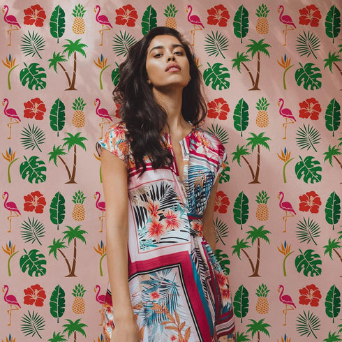 FINGERINSPIRE Tropical Coconut Tree Stencil 11.8x11.8inch Reusable Tropical Leaves Pineapple Flamingo Flower Pattern Template Animal Plant Theme S...