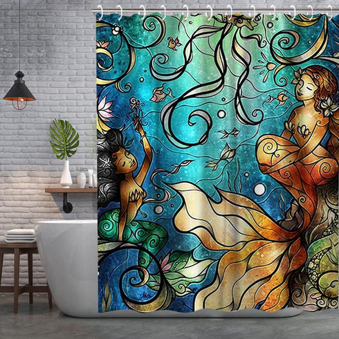 LIVILAN Mermaid Shower Curtain, Jellyfish Fabric Bathroom Curtains Set with Hooks Marine Ocean Animals Bathroom Decor Washable 72x72 Inches...
