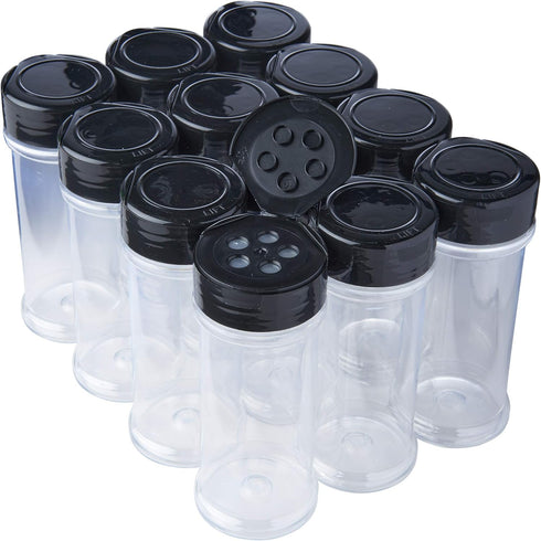 12 Pack of 6 Oz. Empty Clear Plastic Spice Bottles with Black Top Lids For Storing and Dispensing Salt, Sweeteners and Spices - Food-Grade Spice J...