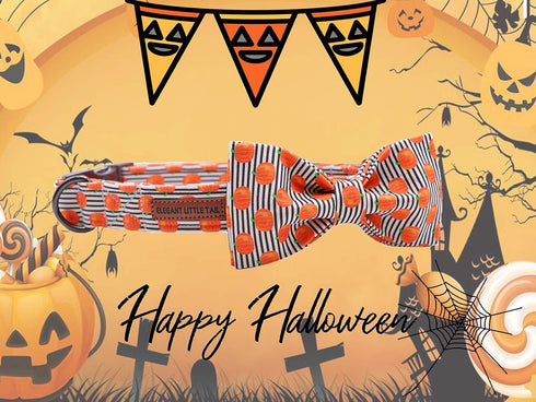 Elegant little tail Halloween Dog Collar, Pumpkin Print Pet Collar Bowtie Dog Collar Holiday Adjustable Pet Gift Collars for Small Medium Large Do...