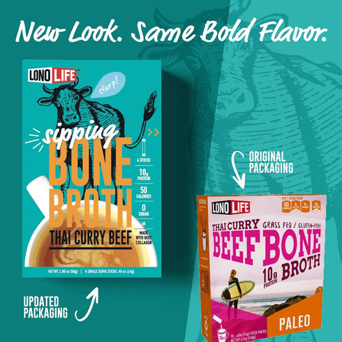 LonoLife Thai Curry Beef Bone Broth Powder Mix | Grass-Fed, 10g Protein | Collagen-Rich, Keto & Paleo Friendly | Natural Ingredients | 10 Portable...