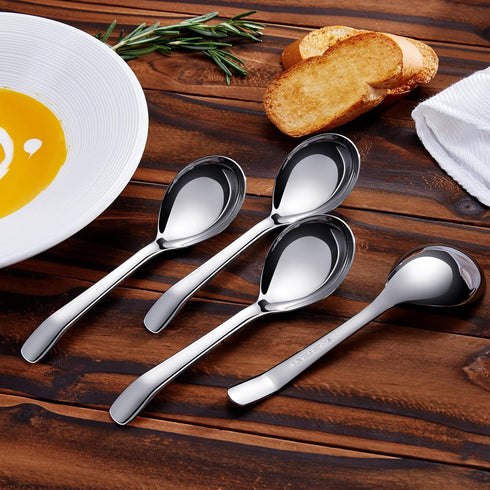 KEAWELL Premium 7.3 Inches Soup Spoons with Hook Handle, Set of 4, 18/10 Stainless Steel, Deep Bowl, Perfect for Ramen, Pho, Miso, Dumplings, Nood...