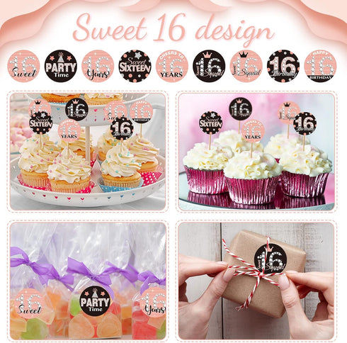 Zonon 504 Pieces Sweet 16 Birthday Party Favors Stickers Mini Kisses Candy Stickers Sweet Sixteen Round Chocolate Candy Wrappers for 16th Birthday...