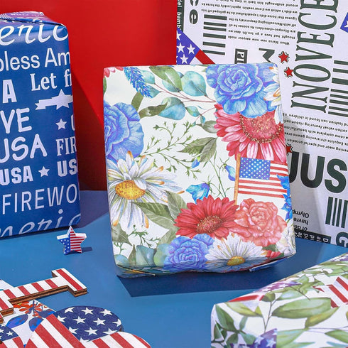 Whaline 10 Sheets Patriotic Floral Wrapping Paper 4th of July Flower Bouquet Star American Flag Gift Wrap Paper Bulk Folded Flat DIY Craft Art Pap...