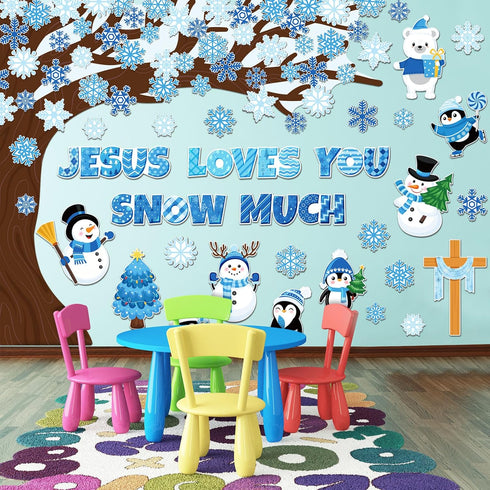 Zonon 114 Pcs Winter Bulletin Board Decorations Christmas Christian Tree Bulletin Board Cutouts Religious Classroom Decoration Snowflake Snowman C...