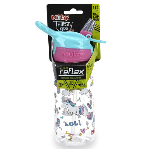 Nuby Push Button Flip-it Soft Spout Tritan Water Bottle, Pink Unicorns, 18 Oz...