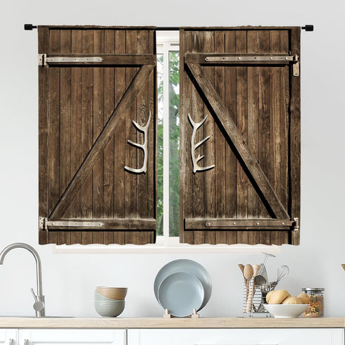 Cinbloo Farmhouse Kitchen Curtains Rod Pocket 27.5W x 39L Inch Brown Barn Door Wooden Rustic Garage Gate Vintage Country Antler Handles Modern Art...