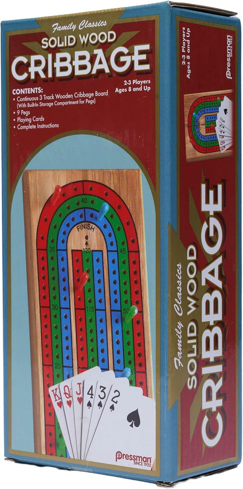 Family Classics Cribbage - Solid Wood Continuous 3 Track Board with Built-In Storage Compartment for Pegs...