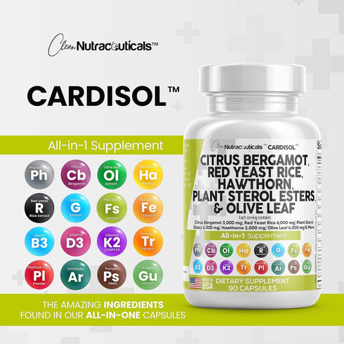 Clean Nutraceuticals Citrus Bergamot 3000mg Red Yeast Rice 6000mg Capsules with Plant Sterols 6000mg - with Hawthorn Extract Olive Leaf Niacin Vit...