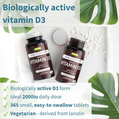 Pure & Essential Daily Vegetarian Vitamin D3 2000iu, Cholecalciferol, 365 Small Tablets, 1-A-Day 1-Year Supply, by Igennus...