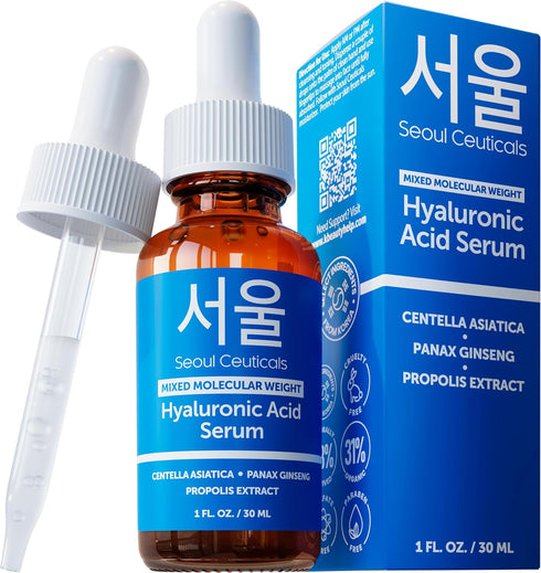 SeoulCeuticals Korean Hyaluronic Acid Serum For Face - High Molecular Weight & Low Molecular Weight Hyaluronic Acid - Centella Serum + Propolis. 1...