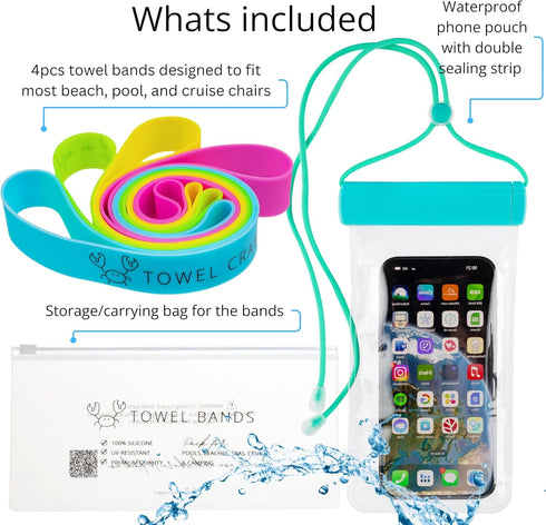 Towel Bands and Waterproof Phone Pouch Kit | Cruise Travel Accessories | Silicone Bands 4 Pack and Phone Case Waterproof | Beach Accessories for V...