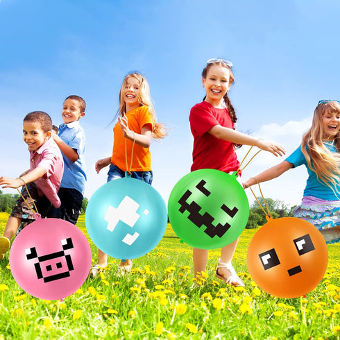 30 Pcs Pixelated Punch Balloons Colorful Latex Punch Ball Miner Video Game Party Favors Bounce Balloons with Rubber Band Handle for Birthday Party...