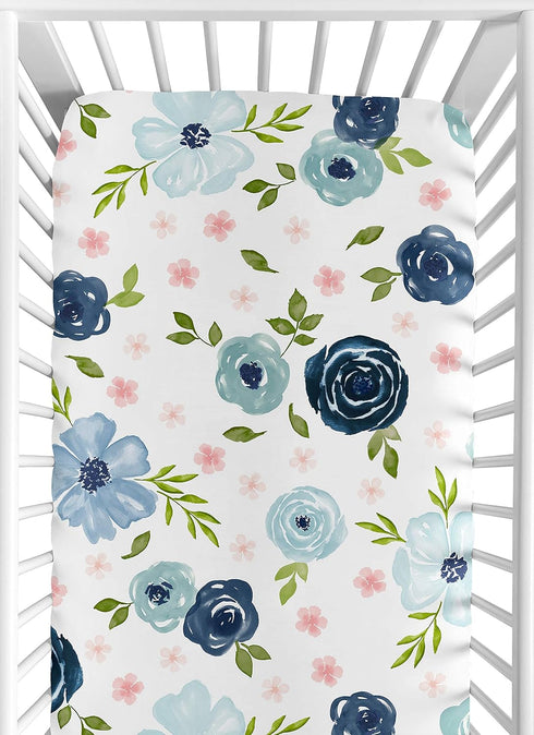 Sweet Jojo Designs Navy Blue and Pink Watercolor Floral Girl Fitted Crib Sheet Baby or Toddler Bed Nursery - Blush, Green and White Shabby Chic Ro...