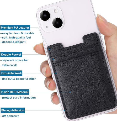 Phone Wallet Stick on,2Pack Phone Card Holder for Back of Phone Case, Leather Credit Card Holder for Cell Phone Sticky Wallet RFID Double Pocket S...
