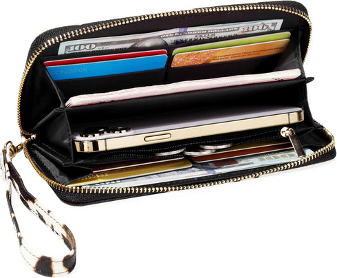 Cow Print Wallets for Women Cowhide Western Highland Purse Moteher's Day Gifts Ladies Zip Around Card Holder with Cluth Wristlet Strap (Brown cow)...