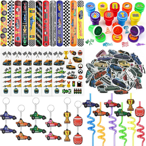 Race Car Party Favors Set - 110 pcs Race Car Birthday Party Supplies, Keychains, Slap Bracelet, Race Car Stickers, Race Car Straws, Stamps for Kid...