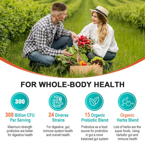 Probiotics for Women & Men - 300 Billion CFU & 24 Strains Probiotic with 15 Organic Herbs Prebiotics Blend, for Overall Digestive Health, Immune, ...