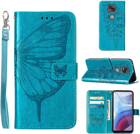 for Moto G Power 2021 Phone Case Wallet, Butterfly Floral Embossed, Wrist Strap, Card Holder Slots, Stand Leather Protective Flip Cover (Blue)...