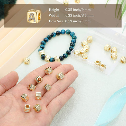 Hicarer 26 Pieces Rhinestone Letters Cube Beads ABC Alphabet Dice A-z Beads Big Hole DIY Charm for Jewelry Making Bracelet Necklace Earrings(Squar...