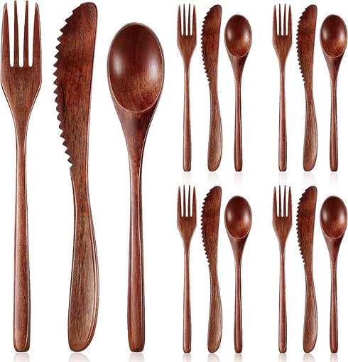 Geiserailie 12 Pcs Wooden Utensils for Eating Wooden Spoon Fork Knife Cutlery Set Kitchen Wood Dinner Flatware Tableware Set Includes Spoon, Fork,...