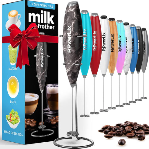 PowerLix Powerful Handheld Milk Frother With Stand Battery Operated Foam Maker Frother Wand For Coffee (A Black) (Black Marble)...