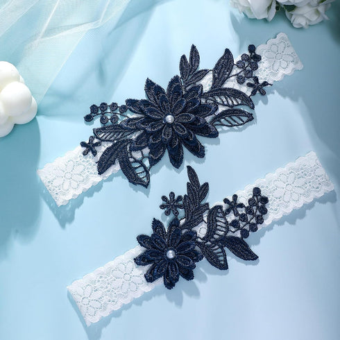 2 Pieces Wedding Garters for Bride Sexy Lace Leg Garter Belt Hand Sewn Faux Pearls Bride Garter Set...