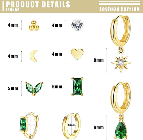 HAIAISO 10 Pairs 14K Gold Plated Huggies Hoop Studs Earrings for Women Small Dangle Hoop Earrings Gold Green Earrings Set for Multiple Piercing...