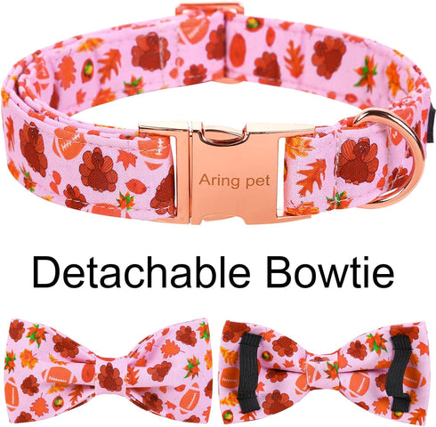 ARING PET Fall Dog Collar Bowtie, Cute Thanksgiving Turkey Dog Collar with Bow, Cotton Maple Leaf Rugby Dog Collar with Metal Buckle for Small Med...