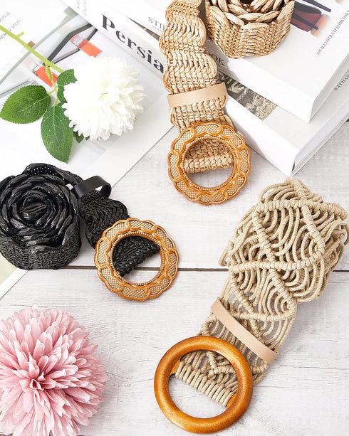 Hercicy 3 Pcs Rattan Straw Woven Belt Bohemian Waist Rope Braid Belts for Women, Trendy Boho Ladies Skinny Dress Belt Multicolor...