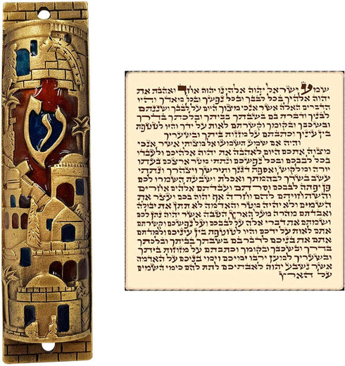 TALISMAN4U Gold Enamel Jewish MEZUZAH CASE with Scroll Jerusalem Israel Judaica Door Mezuza 4"...