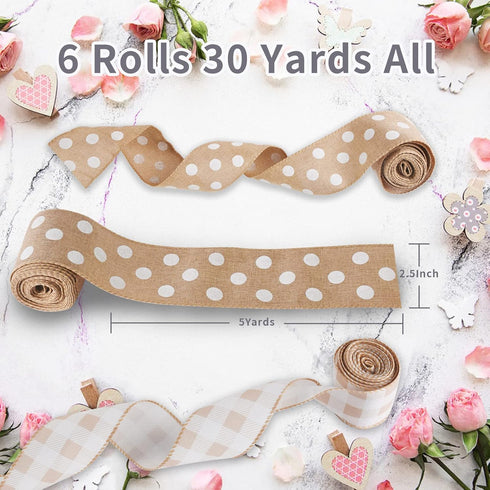 Wired Ribbons - Polyester Buffalo Plaid, Stripes, Dot, and One Burlap, Metal Wired Edge 2.5 inch Ribbons, 6 Rolls 30 Yards, Decorative Ribbons for...