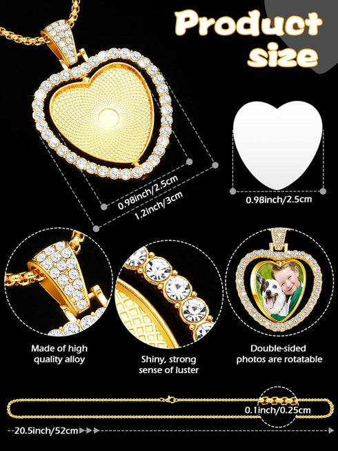 Junkin 24 Pcs Sublimation Rhinestone Trays Pendant Set, Including 6 Double Sided Blank Rhinestone Bezel Trays, 6 Pcs Thick Chains with 12 Sublimat...