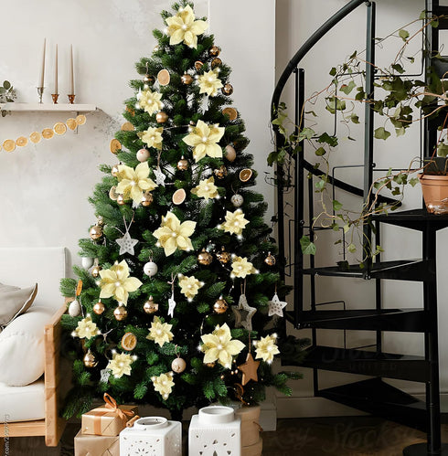 Geefuun 28PCS Christmas Tree Decorations: Poinsettias Artificial Flowers Ornaments Xmas Gold Glitter Flower with Clips...