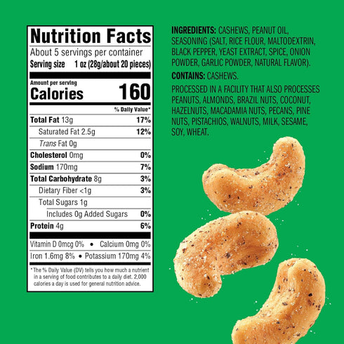 Emerald Nuts Salt and Pepper Seasoned Cashews (1-Pack), 5oz Resealable Bag, Kosher Certified, Non-GMO, Contains No Artificial Preservatives, Flavo...