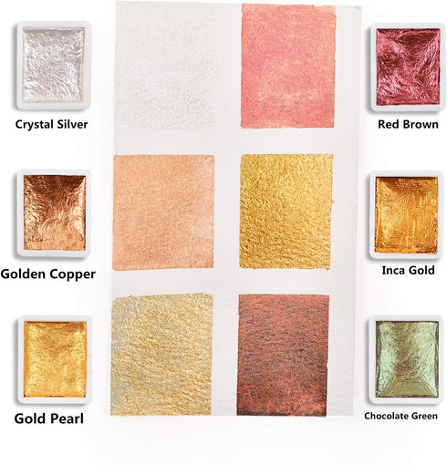Csy Art Supplies Handmade Watercolors Paint Set - 6 Metallic Gold Colors Half Pans Glitter Solid Water Color- Metal Case Sparkle Pearlescent Water...