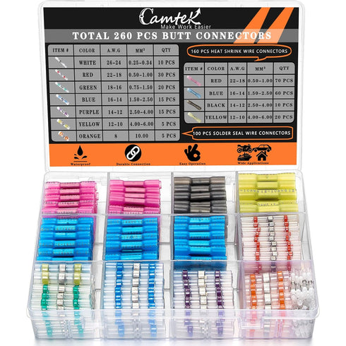 260PCS Heat Shrink Butt Connectors, Camtek 100PCS Solder Seal Wire Connectors & 160PCS Heat Shrink Butt Crimp Connectors Waterproof Electrical Ter...