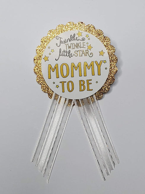 Twinkle Little Star Baby Shower Pin Set - Gold Glitter & White Satin Ribbons for Mommy and Daddy-to-Be...