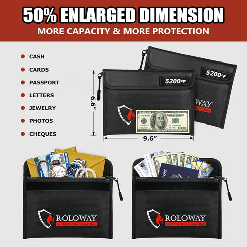 ROLOWAY Fireproof Bag (9.6 x 6.6 inches) 5200°F Heat Insulated, Fireproof Money Bag with Zipper for Cash, Fireproof Safe Bank Bag, Fireproof Money...