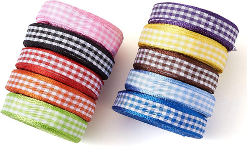 Craftdady 10 Rolls Gingham Checked Polyester Ribbon 3/8 Inch Plaid Tartan Fabric Craft Ribbon Roll for Hair Accessories Craft Wrapping Party Decor...