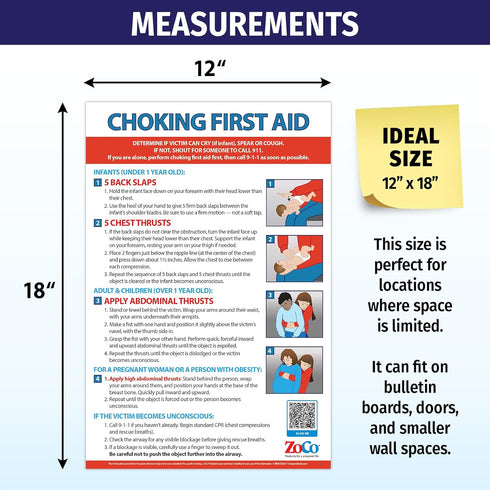 ZOCO – Choking First Aid Poster – Heimlich Maneuver Chart for Infant, Child, Adult – Laminated 12x18 – Restaurant Safety Sign, School Nurse or Wor...