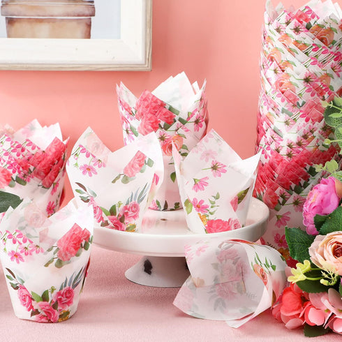 Funtery 200 Pieces Pink Flower Tulip Cupcake Wrappers Liners Tulip for Baking Flower Cupcake Liners Mini Cupcake Baking Rustic Birthday Party Deco...