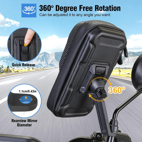 Waterproof Motorcycle Phone Mount 360° Rotation Motorcycle Rearview Mirror Phone Holder Anti-Shake Large Capacity Motorcycle Cell Phone Holder wit...